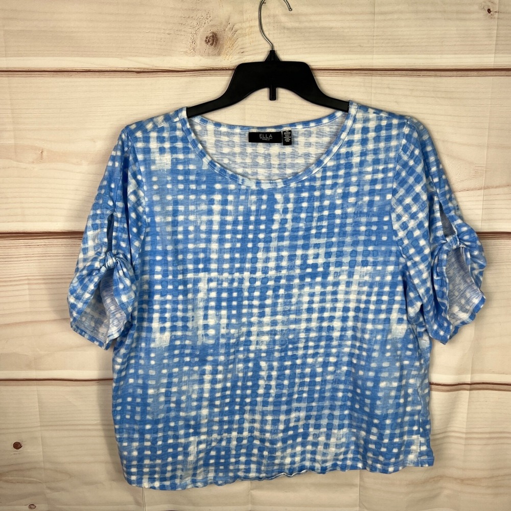 Ella Rafaella Top Womens 2X Blue Gingham T-Shirt Slit Sleeve Round Neck Cotton